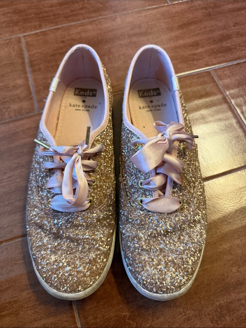 kate spade Glitter Sneakers in Rose Gold with Satin Laces